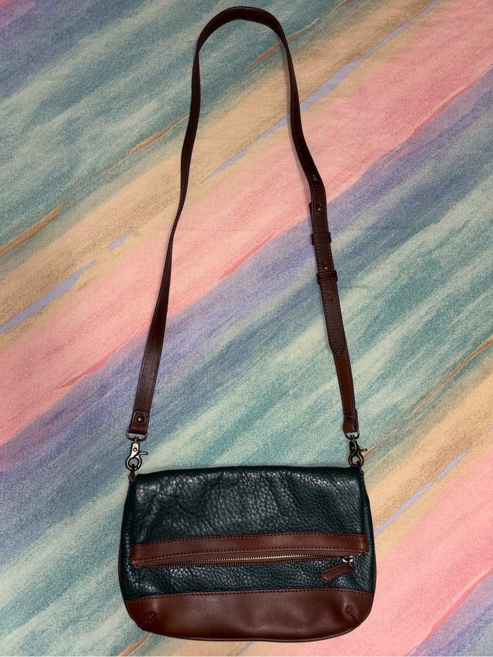 L.L. BEAN SIGNATURE green & brown Leather Foldover Crossbody Bag